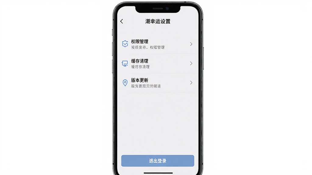 一张手机屏幕显示潮幸运应用设置页面,画面中列出权限管理、缓存清理、版本更新等选项,背景简洁白色,顶部显示潮幸运设置字样,底部有退出登录按钮,整体风格清晰实用,画质高清,干净无多余元素