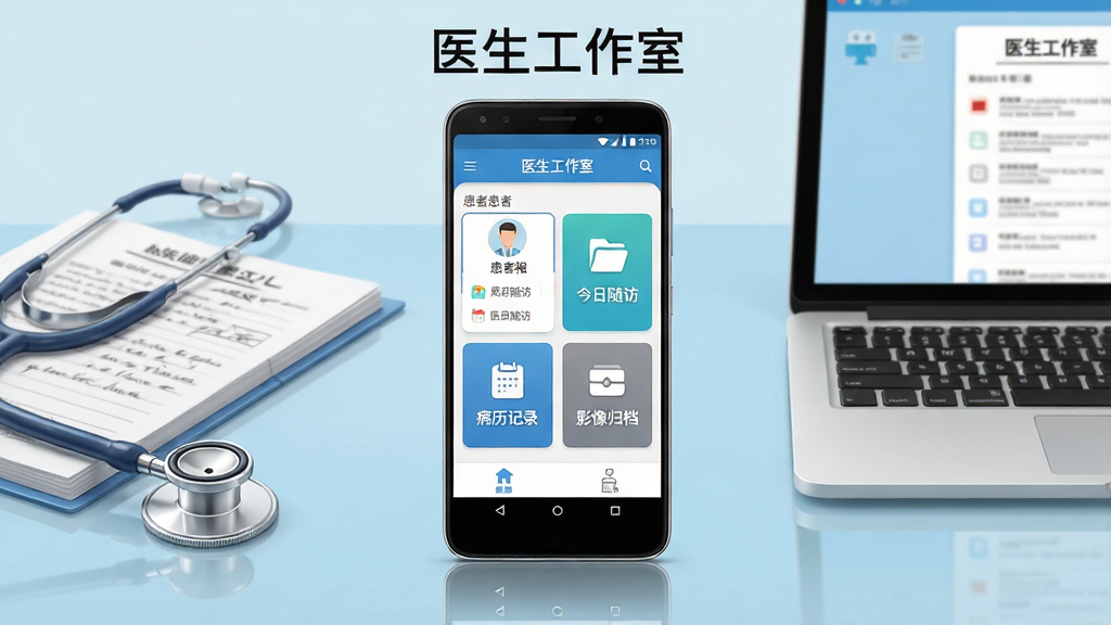 一张展示医生工作室软件核心全貌的场景图,画面中央是一部竖屏安卓手机,手机屏幕上显示医生工作室应用主界面,界面包含患者列表、今日随访、病历记录、影像归档四个功能入口,手机左侧放置听诊器与纸质病历本,右侧放置一台打开的笔记本电脑,背景为简洁的浅蓝色医疗办公桌面,整体布局采用居中构图,手机为主体视觉中心,风格为干净写实的医疗科技插画风,细节包括手机屏幕上的图标线条清晰、桌面反光自然、病历本上有模糊的书写痕迹,画质为高清4K,画面干净整洁,无多余元素,画面中可加入文字“医生工作室”作为应用标题展示。