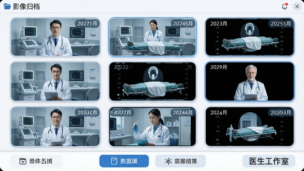 一张AI生成图片,主体是医生工作室软件的影像归档功能界面,布局为九宫格缩略图加底部操作栏,排版上缩略图整齐排列、每张图带日期角标,风格为现代医疗影像管理界面,细节包括缩略图边框圆角、选中状态高亮、底部按钮带图标,画质高清干净,画面中可出现文字“影像归档”与“医生工作室”。