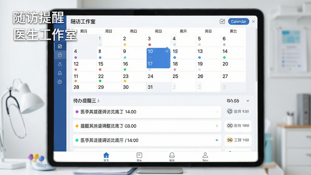 一幅AI生图,主体为医生工作室软件的随访提醒与日程界面,布局采用上下结构,上方为日历月视图,下方为待办提醒列表,排版上日期数字清晰、提醒条目带彩色圆点,风格为清爽日程管理UI,细节包括日历选中日期高亮、提醒卡片带时间标签、底部导航栏图标简洁,画质高清干净,无多余元素,画面中可出现文字“随访提醒”与“医生工作室”。