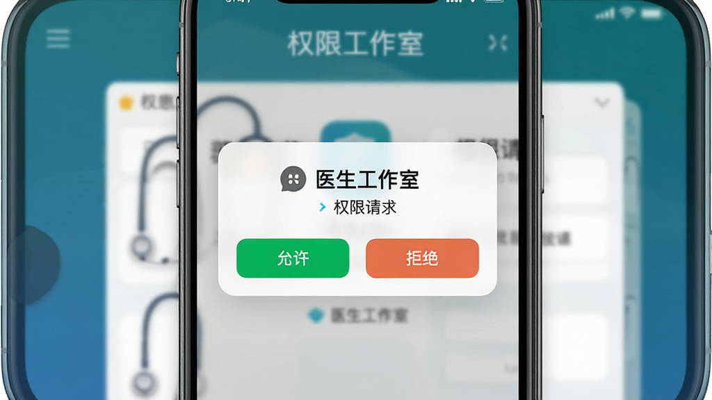 一张AI生成图片,主体是医生工作室软件在新手安装过程中的手机界面,布局为手机屏幕特写,屏幕上显示权限请求弹窗,排版上弹窗居中、按钮清晰,风格为真实手机截图风格,细节包括权限图标、允许与拒绝按钮、背景为应用主界面虚化,画质高清干净,无多余元素,画面中可出现文字“医生工作室”与“权限请求”。