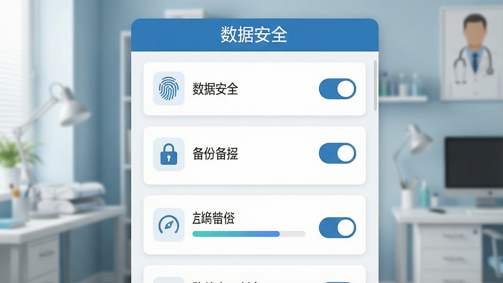 一张AI生成图片,主体为医生工作室软件的数据安全设置界面,布局为纵向列表,排版上每项设置带图标与开关按钮,风格为简洁安全设置页面,细节包括指纹图标、锁形图标、备份进度条,画质高清干净,无多余元素,画面中可出现文字“数据安全”与“医生工作室”。