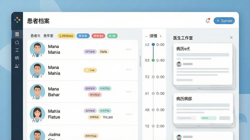 一幅AI生图,主体为医生工作室软件中的患者档案管理界面,布局采用左侧患者列表、右侧详情面板的分栏结构,排版上患者头像与姓名整齐排列,风格为扁平化医疗UI设计,细节包括标签彩色分类、时间轴节点圆点、病历卡片阴影层次,画质高清干净,无多余元素,画面中可出现文字“患者档案”与“医生工作室”字样。