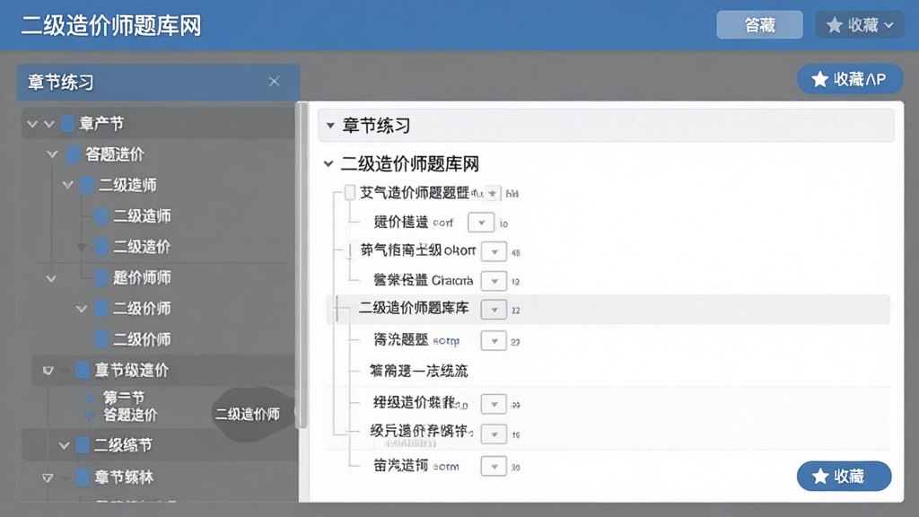 二级造价师题库网 章节练习界面 左侧为章节树状列表 右侧为题目与解析区域 界面中显示“二级造价师题库网”字样 布局清晰 风格简约 蓝灰配色 细节包含答题卡与收藏按钮 画质干净 无多余元素