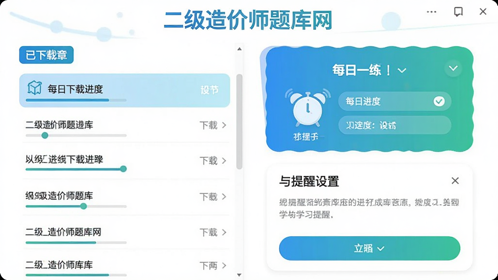 二级造价师题库网 离线下载与学习提醒界面 左侧为已下载章节列表 右侧为每日一练卡片与提醒设置 界面中带“二级造价师题库网”字样 风格轻快 配色以蓝绿为主 细节包含下载进度与闹钟图标 画质清晰 无多余元素