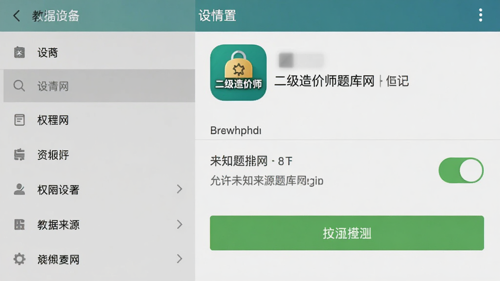 二级造价师题库网 安卓手机安装权限设置界面 展示允许未知来源应用开关 界面中带“二级造价师题库网”图标 风格教程示意 配色以系统原生灰白为主 细节包含设置菜单与授权按钮 画质清晰 无多余元素