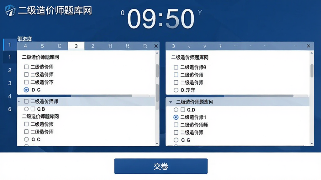 二级造价师题库网 模拟考试界面 顶部显示倒计时 中部为单选题与多选题区域 底部为交卷按钮 界面中带“二级造价师题库网”标识 风格严肃专业 配色以深蓝与白色为主 细节包含题号导航与进度提示 画质清晰 无杂乱元素
