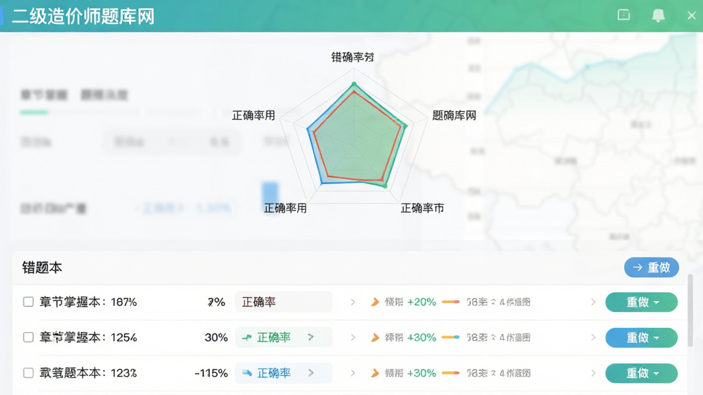 二级造价师题库网 错题本与数据分析界面 上方为雷达图展示各章节掌握度 下方为错题列表 界面中显示“二级造价师题库网”名称 风格数据可视化 配色清新 细节包含正确率百分比与重做按钮 画质干净 无多余元素