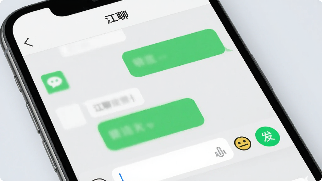 一部手机屏幕显示江聊的一对一聊天窗口,左右两侧分别为绿色和白色的对话气泡,顶部显示“江聊”字样,背景为柔和浅灰,风格简洁现代,细节包含输入框、表情按钮、发送按钮,画质清晰,画面干净无多余元素