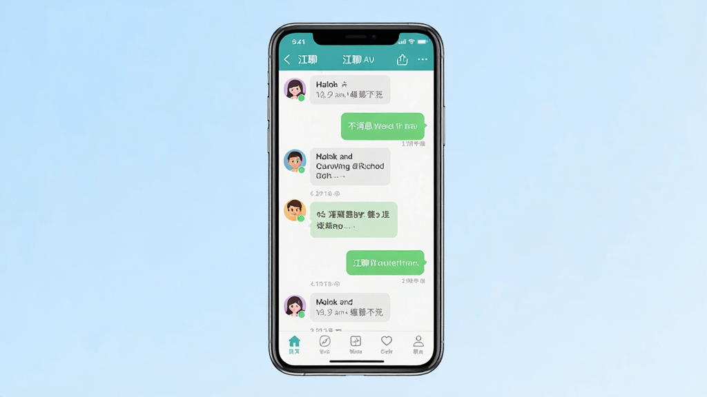 一张展示江聊聊天软件界面的手机屏幕预览图,画面中央放置一部现代智能手机,屏幕内显示“江聊”聊天列表与对话气泡,背景为简洁的浅蓝渐变,风格清新友好,细节包含头像、消息气泡、底部导航栏,画质清晰干净,无多余元素