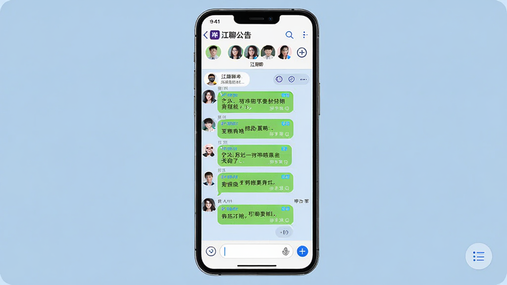一部智能手机展示江聊的群组聊天界面,屏幕上方显示群名称与成员头像排列,中间为多条群消息,底部为输入栏,背景为淡蓝色,风格整齐明快,细节包含群公告入口和成员列表按钮,画质清晰,无多余元素