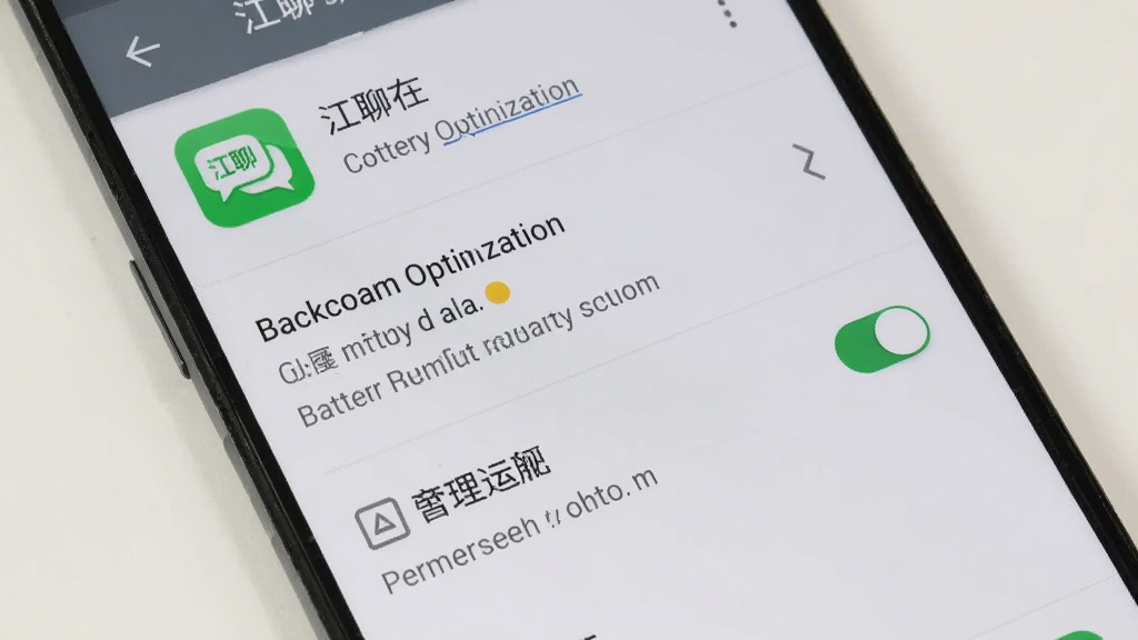 一部手机展示江聊在后台运行设置页面,画面中有电池优化选项与后台运行开关,界面为安卓系统风格,配色白灰为主,细节包含“江聊”应用图标与权限管理文字,画质清晰,画面干净无多余元素