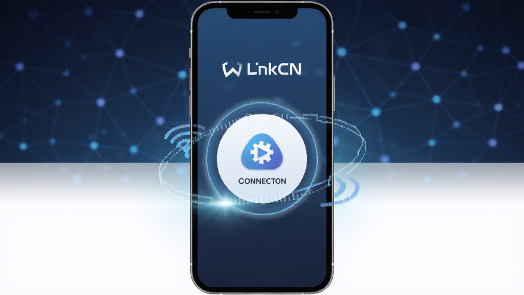 一张LinkCN一键加速功能的示意图,画面主体是一部手机,手机屏幕上显示一个大大的连接按钮,按钮周围环绕着光效,背景是深蓝色渐变,象征网络连接,画面简洁干净,高清画质,无多余元素