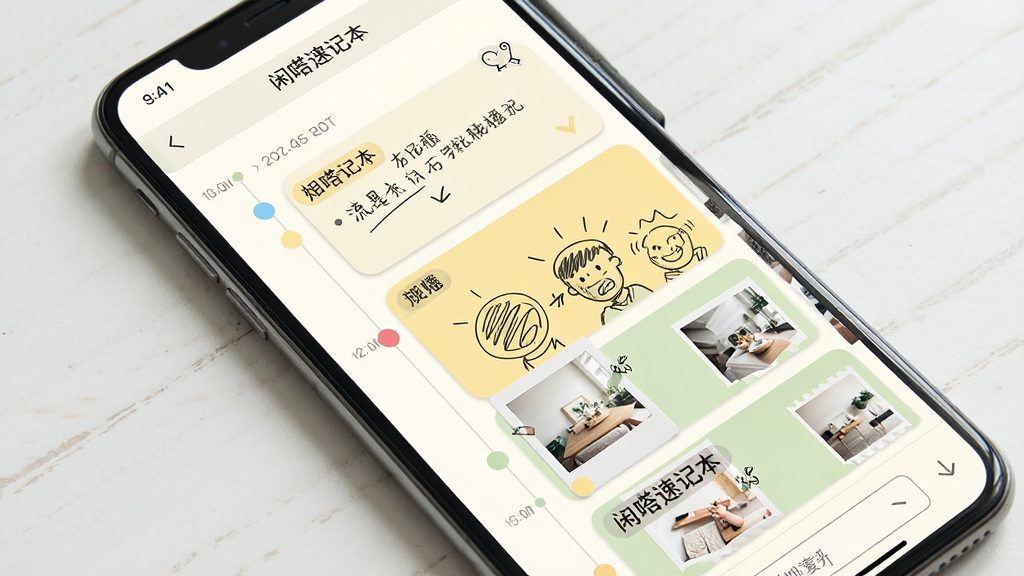 闲嗒速记本功能界面,主体为手机屏幕斜放展示,屏幕内显示时间轴排列的便签卡片,包含文字、手绘涂鸦、照片缩略图;布局为瀑布流式;风格为清新手账风,色调以米白、淡黄、浅绿为主;细节包含标签彩色圆点、时间戳、下拉输入框;画质干净,无多余装饰。