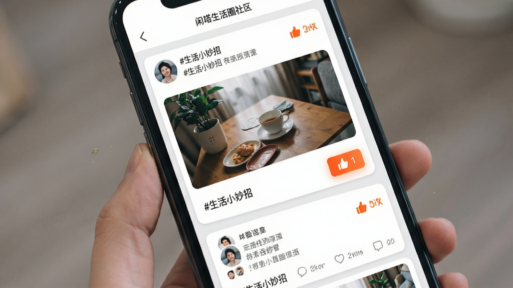 闲嗒生活圈社区页面,主体为手机屏幕正面展示,屏幕内显示信息流卡片,包含用户头像、文字描述、配图、点赞按钮;布局为单列卡片流;风格为社交应用常见简约风,色调以白色背景、浅灰分割线、橙色点赞高亮为主;细节包含话题标签“#生活小妙招”、评论气泡;画质清晰,无多余元素。