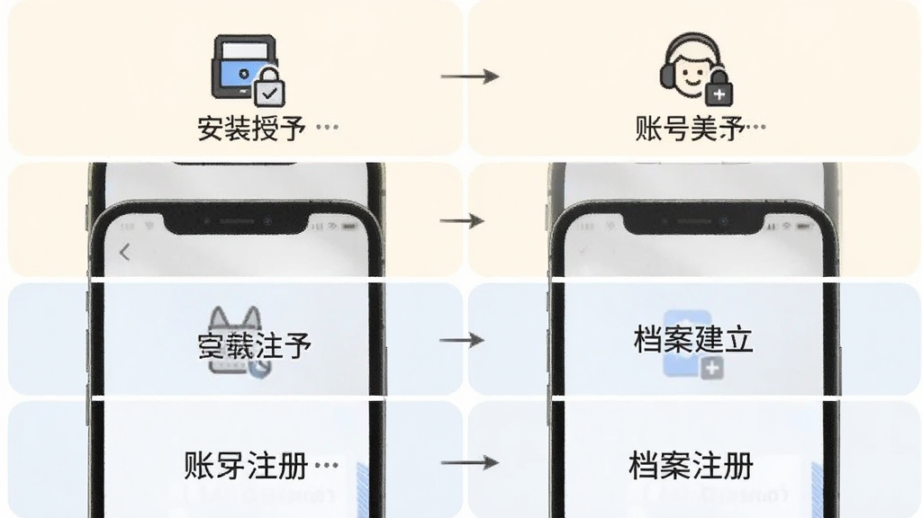 美亚美牙软件安装与使用操作流程图,画面以手机屏幕截图形式分步骤展示下载安装、权限授予、账号注册、档案建立四个环节,每一步配有简洁的图标和文字标注,整体采用浅色背景,风格简洁直观,布局从上到下排列,画质清晰,无多余装饰元素