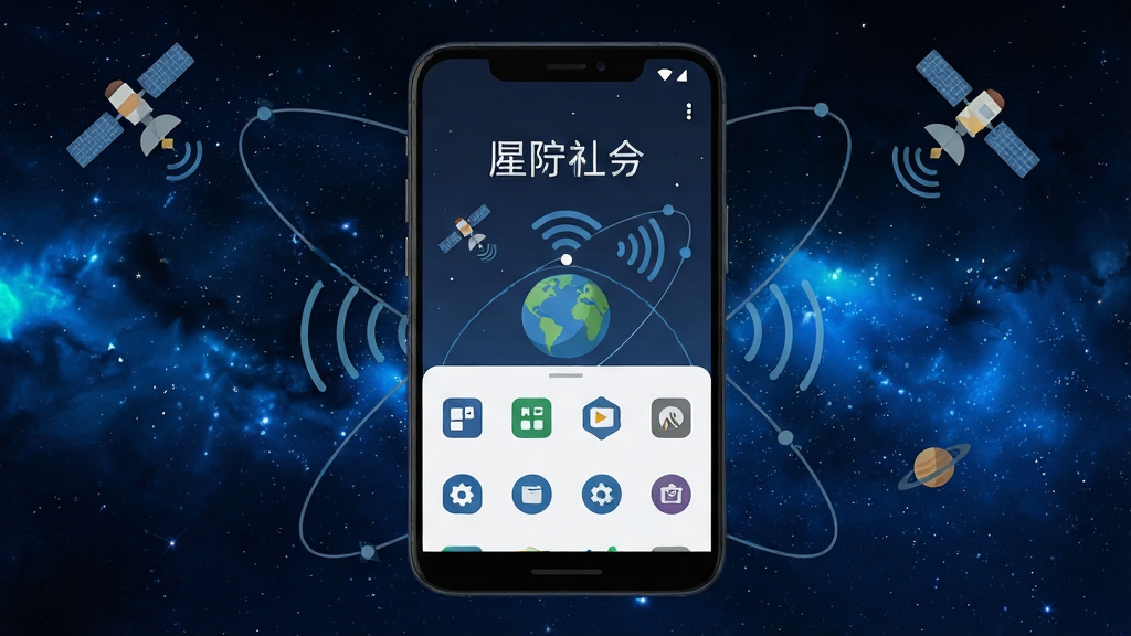 主体为一部安卓手机屏幕显示星际通信软件主界面,布局为手机居中放置于深蓝色星空背景之上,排版采用上下结构上方为软件名称下方为功能图标,风格为科技感扁平化设计,细节包含卫星轨道线条、信号波纹、地球轮廓等元素,画质高清干净无多余元素