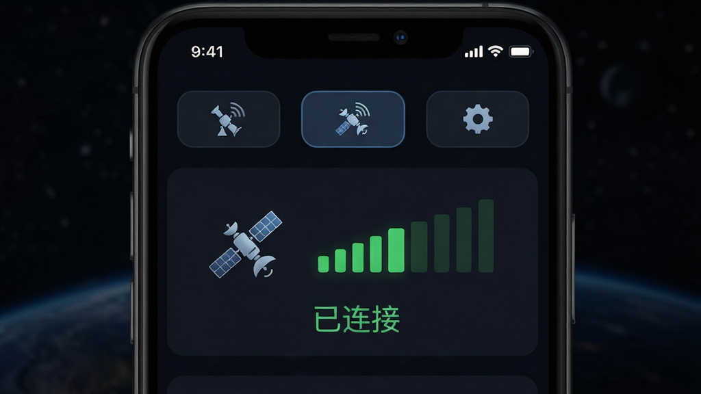 主体为星际通信软件的卫星连接界面,布局为手机屏幕特写居中,排版为上方状态栏下方功能按钮,风格为深色科技风,细节包含卫星图标、信号强度条、连接状态文字“已连接”,画质高清干净无多余元素