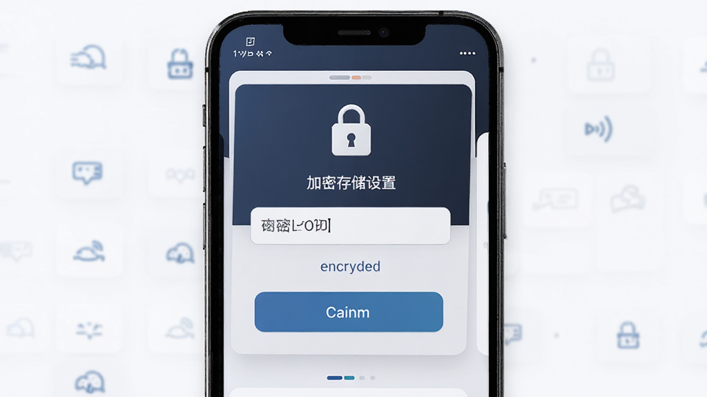 主体为星际通信软件的加密存储设置界面,布局为手机屏幕显示密码输入框与安全图标,排版为居中卡片式,风格为沉稳商务风,细节包含锁形图标、加密字样、确认按钮,画质高清干净无多余元素