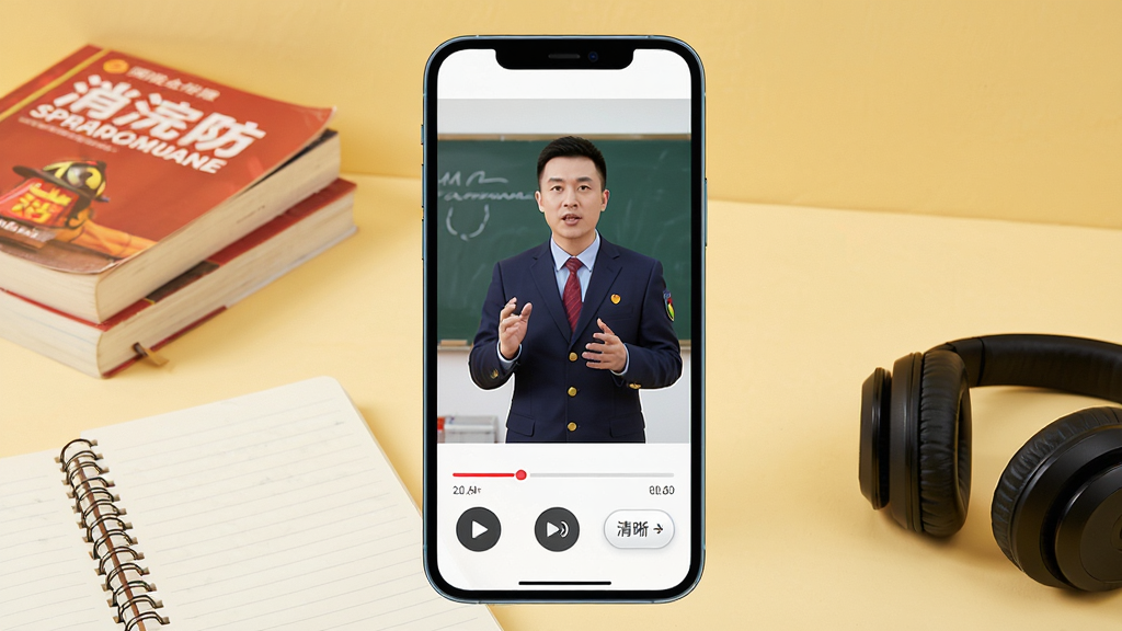 消防易APP视频课程播放界面展示图,手机屏幕内显示一位讲师正在讲解消防知识,屏幕下方有播放进度条、倍速按钮和清晰度选项,手机周围有消防教材、笔记本和耳机,背景为温暖的浅黄色调,整体风格舒适自然,画质清晰,无多余元素