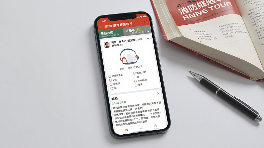 消防易APP题库练习界面展示图,画面中央是手机屏幕,屏幕内显示一道消防考试选择题及四个选项,下方有详细解析区域,屏幕上方显示答题进度和正确率统计,手机旁边放置一本翻开的消防教材和一支笔,背景为淡灰色,整体风格干净整洁,画质清晰,无多余元素
