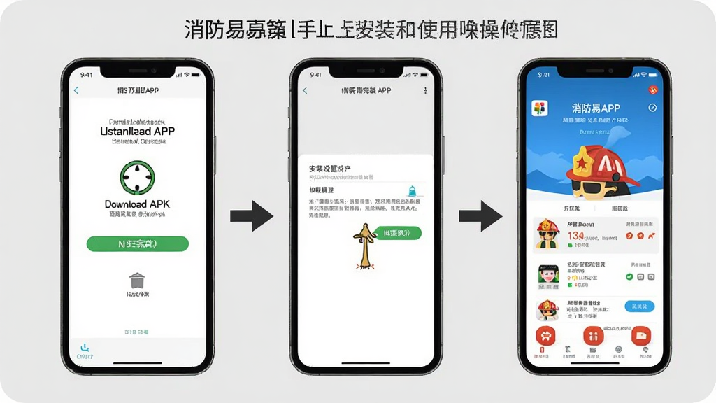 消防易APP在手机上安装和使用的操作示意图,画面展示一部手机从下载APK到安装完成再到打开APP的流程,手机屏幕分别显示安装界面、权限设置界面和APP首页,旁边有箭头指示操作步骤,背景为浅灰色,整体风格简明直观,画质清晰,无多余元素