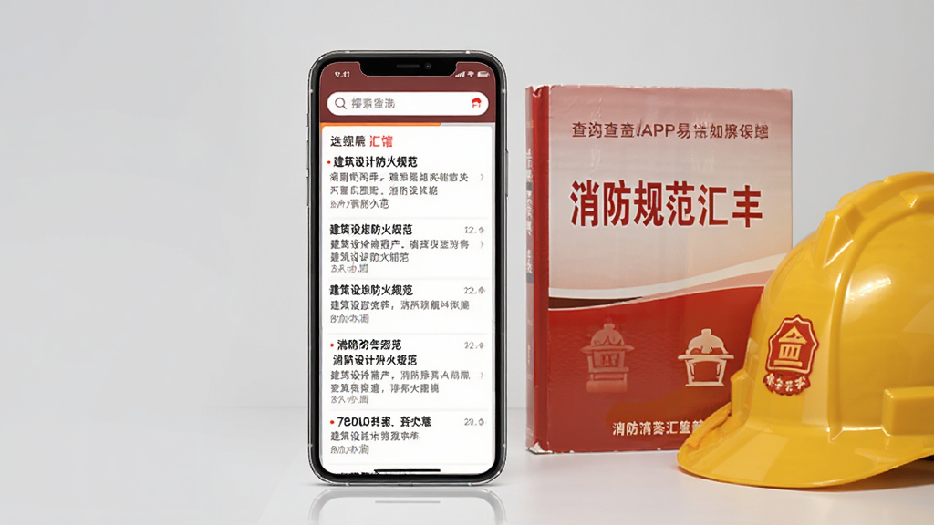 消防易APP规范查询功能界面展示图,手机屏幕内显示消防规范条文列表,顶部有搜索框,屏幕内可见建筑设计防火规范相关条文内容,手机旁边放着一本消防规范汇编书籍和一个安全帽,背景为浅灰色,整体风格专业简洁,画质清晰,无多余元素