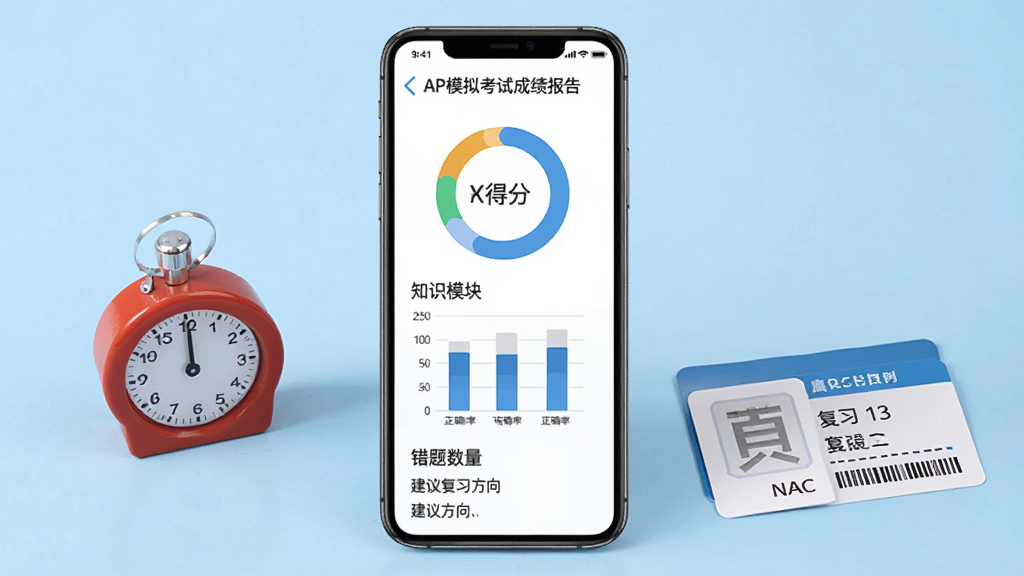 消防易APP模拟考试成绩报告界面展示图,手机屏幕内显示环形得分图表和各个知识模块的正确率柱状图,下方列出错题数量和建议复习方向,手机旁边有计时器和准考证样式的卡片,背景为浅蓝色,整体风格清晰专业,画质干净,无多余元素