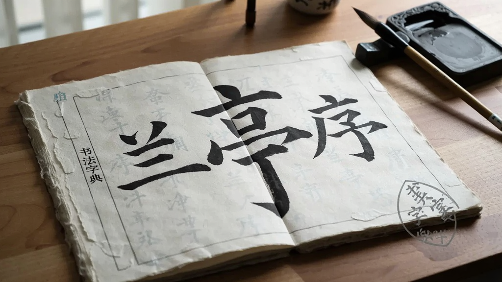 一本翻开的手工宣纸册页平铺在木质桌面上,页面中显示王羲之“兰亭序”局部单字放大图,旁边配有小字标注“书法字典”水印,背景有毛笔和砚台,自然光照射,风格写实,构图居中,细节丰富,画质干净,无多余元素
