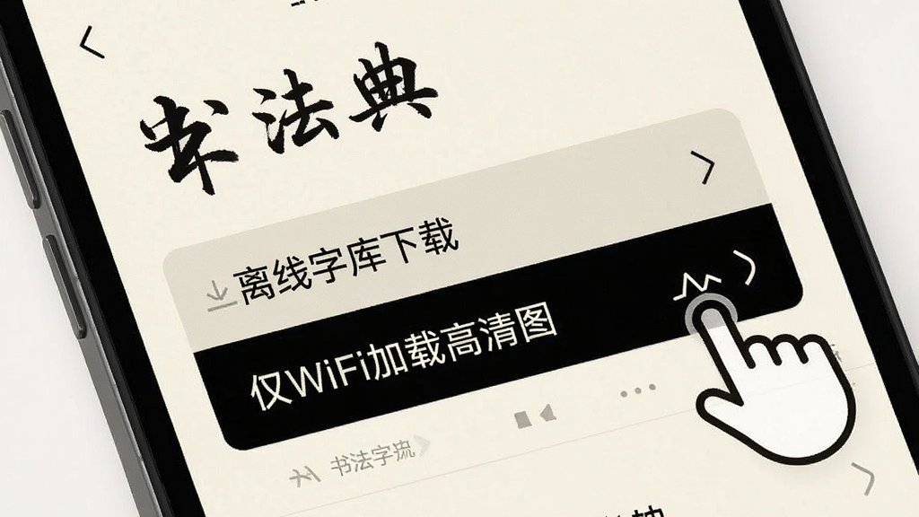 手机界面展示书法字典设置页,画面中高亮显示“离线字库下载”和“仅WiFi加载高清图”两个选项,旁边有手指点击图标,界面风格简洁现代,配色以米白和墨黑为主,布局清晰,细节干净,无多余元素