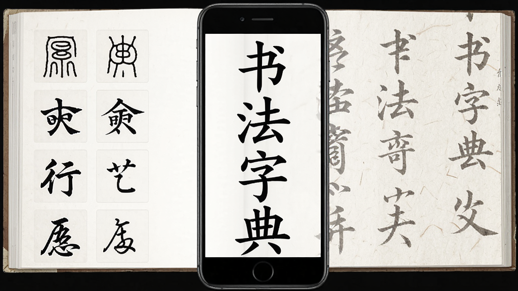 手机屏幕竖版展示一本打开的电子书法字典,画面中央显示“书法字典”四个楷书大字,左侧排列篆书隶书行书草书字样缩略图,右侧是宣纸纹理背景,整体风格古朴典雅,布局简洁对称,细节清晰,画质干净,无多余元素