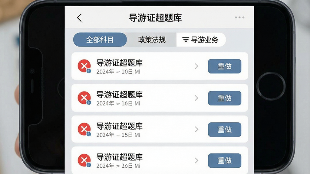 一张手机应用界面展示图,画面中央是“导游证超题库”错题本页面,列表显示多道错题条目,每条左侧有红色错误标记,右侧有“重做”按钮,顶部有筛选标签“全部科目”“政策法规”“导游业务”,背景为浅灰色,布局规整,扁平化设计,细节清晰,画质干净,无多余元素