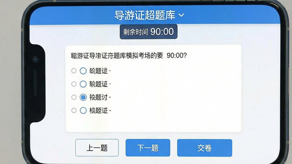 一张手机界面截图风格图片,画面展示“导游证超题库”模拟考场页面,顶部有倒计时器显示“剩余时间 90:00”,中间是单选题题干和四个选项,底部有“上一题”“下一题”“交卷”按钮,界面配色为蓝白相间,布局清晰,扁平化设计,细节干净,无多余元素