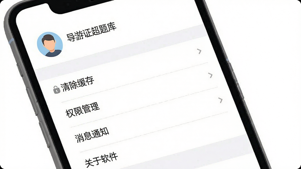 一张手机界面示意图,画面展示“导游证超题库”设置页面,列表中包含清除缓存、权限管理、消息通知、关于软件等选项,顶部有用户头像和昵称,背景为白色,布局清晰,扁平化设计风格,细节干净,无多余元素