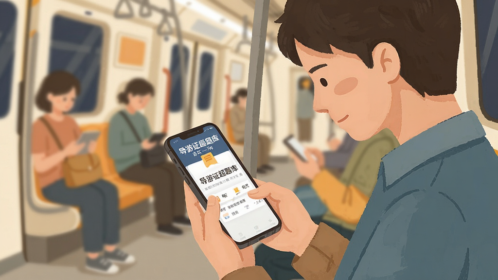 一张生活场景风格的插图,画面展示一个人坐在地铁车厢里低头看手机,手机屏幕上显示“导游证超题库”每日一练界面,周围有轻微的虚化背景,主体清晰,色调温暖,扁平化插画风格,细节干净,无多余元素