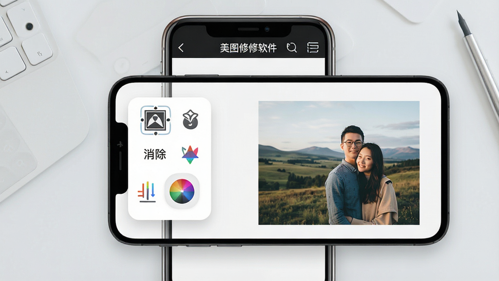 一张手机屏幕展示图片编辑界面的场景图,画面中央是“美图修修软件”的修图工作台,左侧悬浮工具栏显示抠图、消除、滤镜、调色图标,右侧是正在编辑的风景人像照片,背景为干净的浅灰色工作台,整体采用扁平化UI风格,细节清晰,画质干净,无多余元素