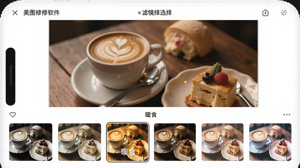 画面展示“美图修修软件”的滤镜选择面板,手机屏幕中是一张咖啡和甜点的照片,下方排列着多个滤镜缩略图,当前选中“暖食”滤镜,照片色调偏暖,整体布局整齐,画质清晰,无多余元素