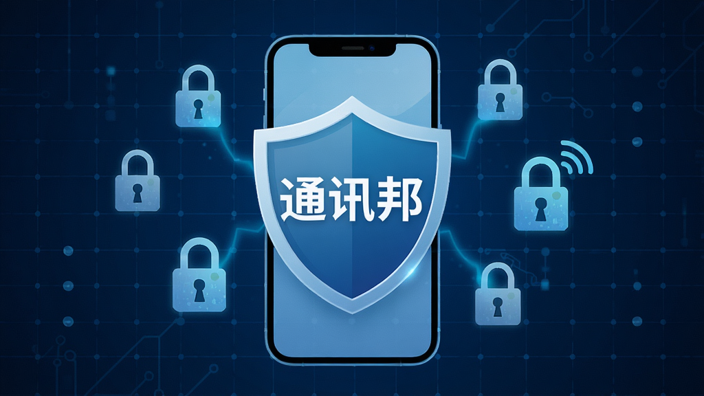 一张以安全隐私为主题的科技感图片,画面中央是一个带有盾牌图标的智能手机,盾牌上写有“通讯邦”字样,周围环绕着锁形图标和加密符号,背景为深蓝色科技网格,风格为现代科技风,画质清晰,干净无多余元素