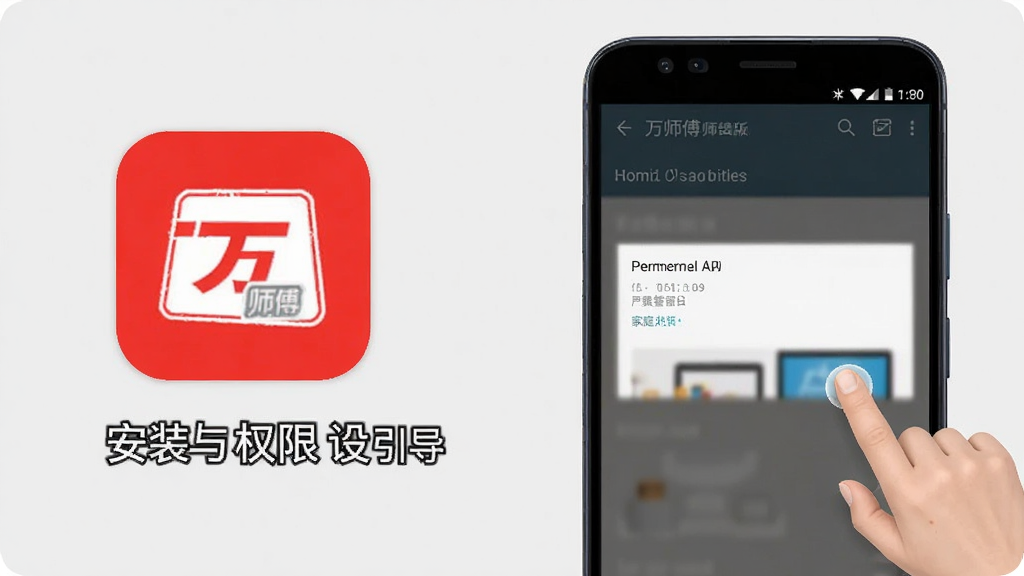 万师傅师傅版家庭服务APP安装与权限设置引导图,画面展示安卓手机设置界面中权限管理页面,旁边有手指点击的示意,背景为浅灰色,整体风格简洁直观,画质高清干净。