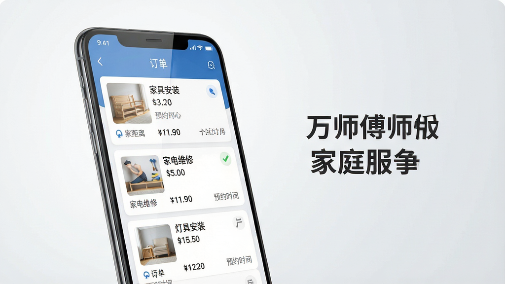 一张展示万师傅师傅版家庭服务手机应用界面的图片,主体为一部竖屏安卓手机,屏幕上显示APP的订单列表页面,包含家具安装、家电维修、灯具安装等订单卡片,每个卡片上有距离、价格、预约时间等信息。布局采用居中构图,手机略微倾斜展示立体感。排版上手机占据画面中心偏左位置,右侧留白区域放置简洁的文字标签。风格为现代科技感UI展示风格,细节上手机屏幕有轻微反光效果,背景为浅灰色渐变。画质高清,干净,无多余元素。