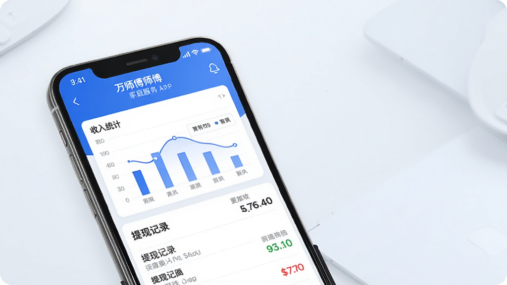 万师傅师傅版家庭服务APP收入明细页面效果图,手机屏幕显示收入统计图表和提现记录列表,配色以蓝白为主,界面干净整洁,背景为浅色渐变,风格简约商务,画质高清。