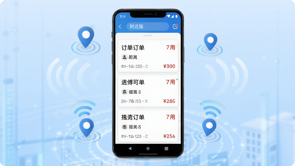 万师傅师傅版家庭服务APP订单推送界面展示图,画面中央是一部安卓手机,屏幕显示附近订单列表,订单卡片标注距离和价格,手机周围环绕着定位图标和信号波纹,背景为浅蓝色科技感渐变,整体风格简洁商务,画质清晰干净。
