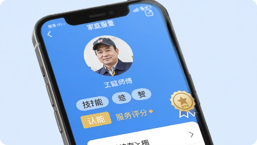 万师傅师傅版家庭服务APP师傅个人主页展示图,画面中手机屏幕显示师傅头像、技能标签、服务评分和认证徽章,界面布局清晰,背景为浅蓝色,整体风格专业简洁,画质高清干净。