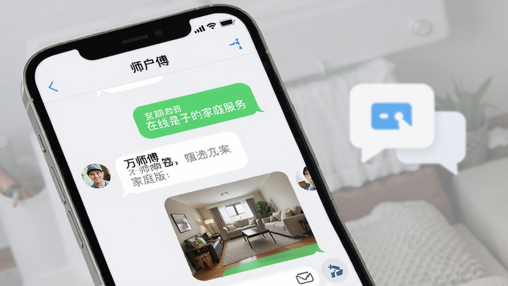 万师傅师傅版家庭服务APP在线聊天界面示意图,画面展示手机屏幕上师傅与客户的对话窗口,包含文字消息和图片消息,界面清爽,背景为浅灰白色,旁边有对话气泡图标点缀,整体风格现代简洁,画质干净。