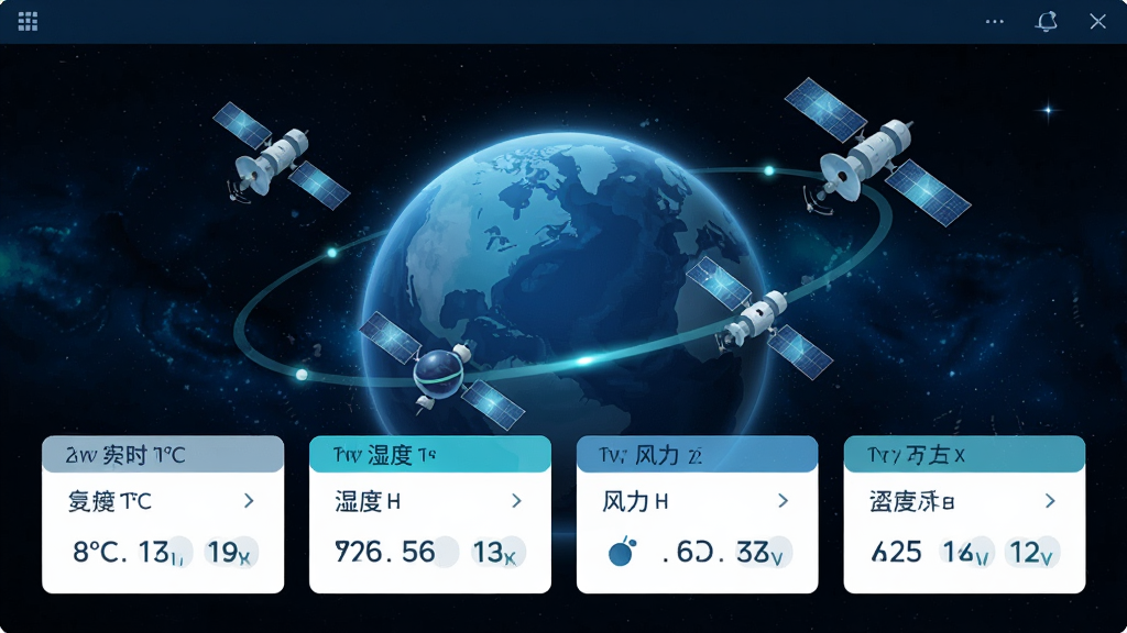 宇宙气象站软件主界面截图,画面中央展示一颗蓝色星球与环绕的气象卫星,下方排列实时温度、湿度、风力等数据卡片,背景为深邃星空,配色以深蓝与青色为主,界面干净整洁,无多余按钮,整体风格科技感与宇宙主题融合,高清画质,适合作为软件宣传展示图
