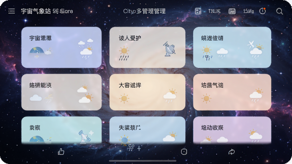 宇宙气象站多城市管理界面,手机屏幕显示城市列表卡片,每个卡片上有城市名称和简要天气图标,背景为宇宙星云图案,排版整齐,配色柔和,风格简约科技,高清画质,无多余元素