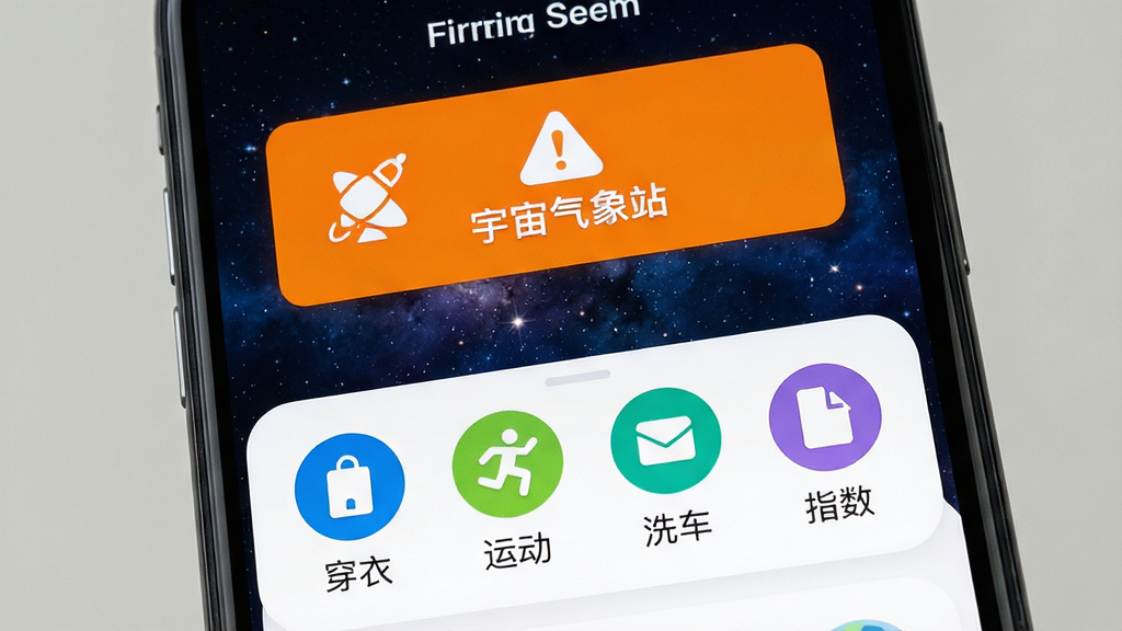 宇宙气象站气象预警与生活指数界面,手机屏幕上方显示橙色预警标识,下方排列穿衣、运动、洗车等生活指数图标,背景为宇宙深空,风格简洁明快,色彩对比清晰,高清画质,干净无多余装饰