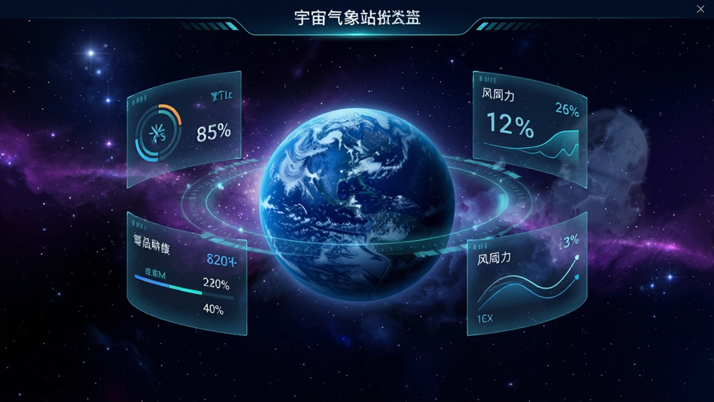 宇宙气象站软件界面展示,以宇宙星空为背景,中央是一颗带有大气层的蓝色星球,周围环绕着半透明的数据面板显示温度和风力信息,风格科幻,色彩以深蓝、紫色和青色为主,排版简洁,高清画质,无多余装饰元素
