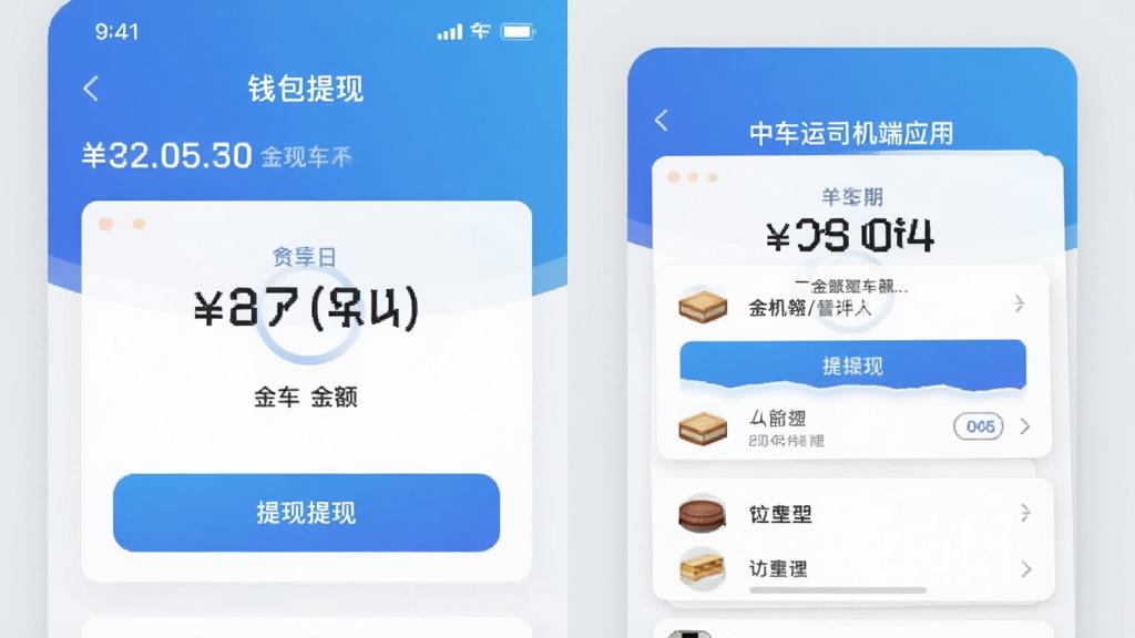 中车运司机端应用钱包提现界面截图,展示余额数字、提现按钮和银行卡列表,界面采用卡片式设计,配色为蓝色渐变和白色,背景为浅灰色,排版为纵向布局,细节包含金额数字、图标和按钮元素,画质清晰,干净,无多余元素