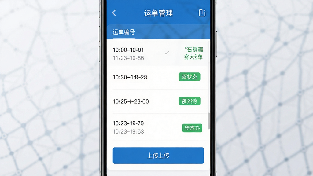 中车运司机端应用运单管理界面截图,展示运单列表、状态标签和回单上传按钮,界面设计简洁现代,配色以蓝色和白色为主,背景为渐变浅灰色,排版为纵向列表布局,细节包含运单编号、时间戳、状态图标,画质清晰,干净,无多余元素